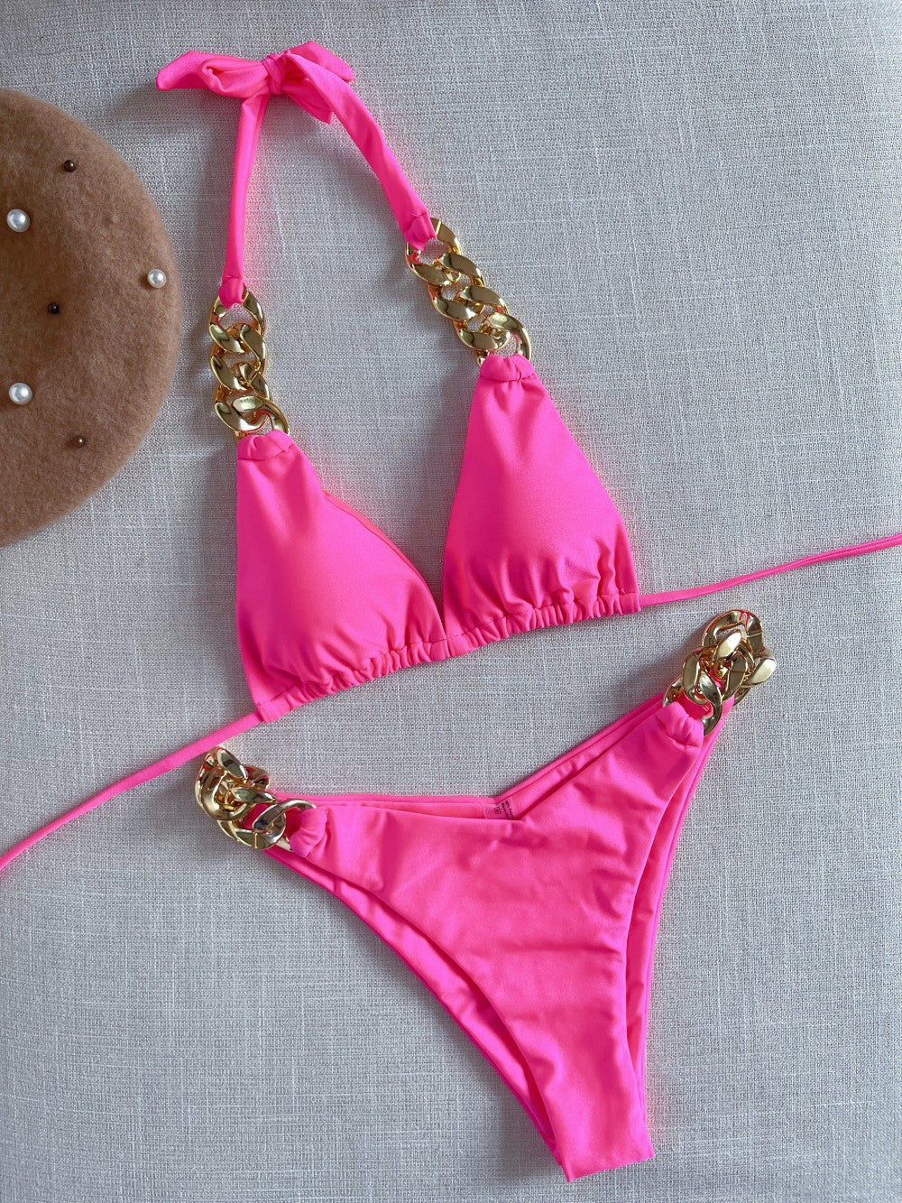 Bikini Sexy Swimsuit Big Gold Chain Accessories Strap Solid Color Split Swimsuit Bella Mia